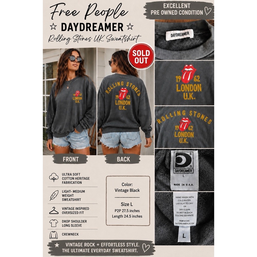 Free People Daydreamer Rolling Stones UK Crewneck Large SOLD OUT Festival Rare